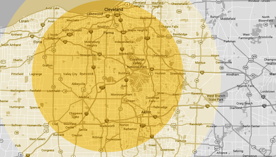 A map of showing Sable's Northeast Ohio asphalt service areas beyond the Akron home base.